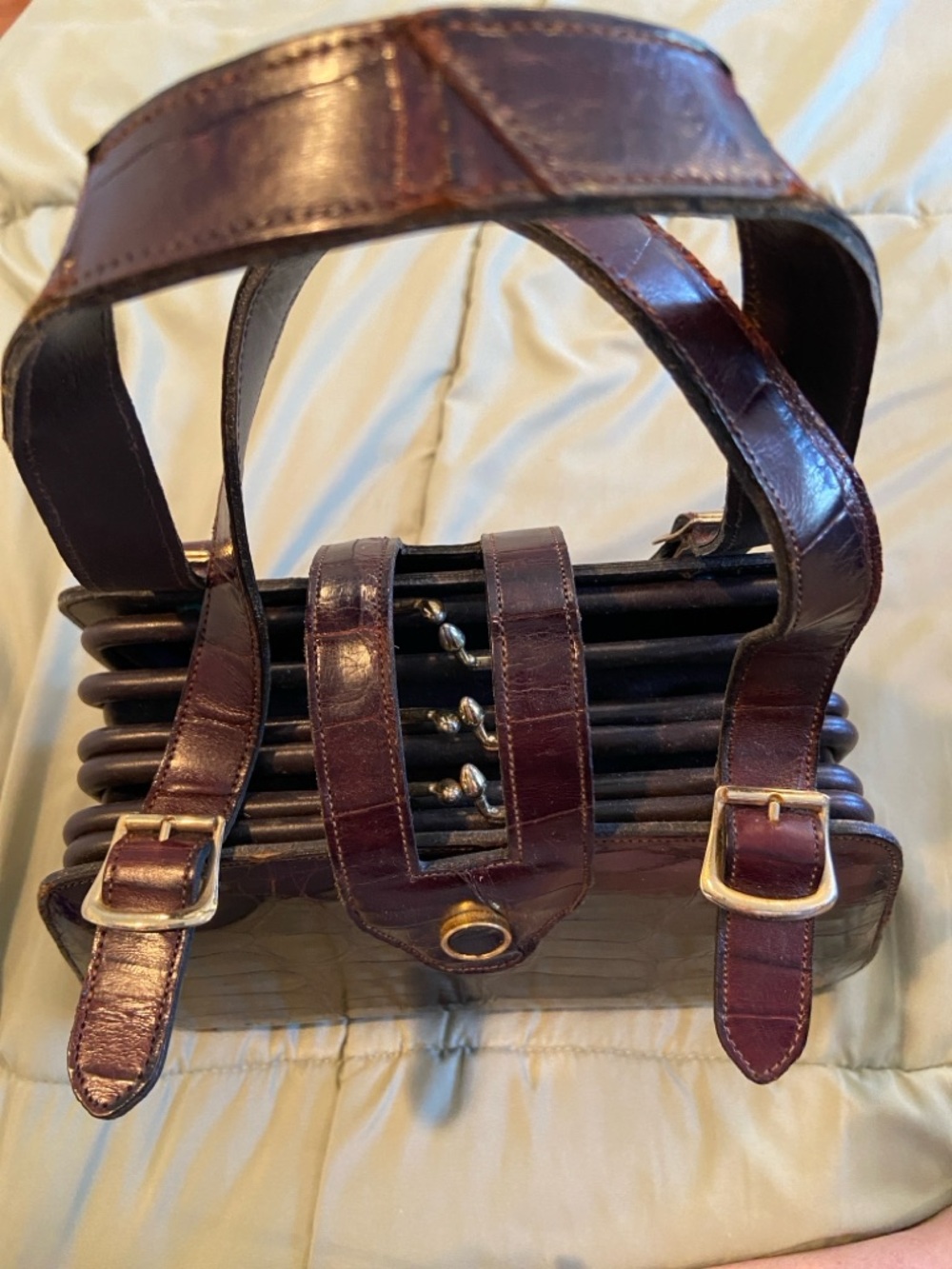 Vintage Croc-Embossed Leather Handbag in Deep Burgundy - Picture 2 of 9
